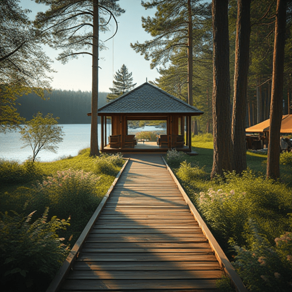 Hääpaviljonki järven rannalla metsän keskellä