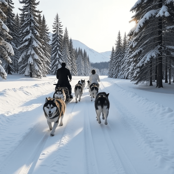 Hääseurue husky-ajelulla Rukan lumisessa metsässä