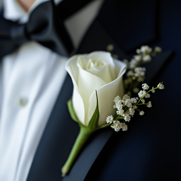 Sulhasen tyylikäs valkoinen ruusu-boutonniere